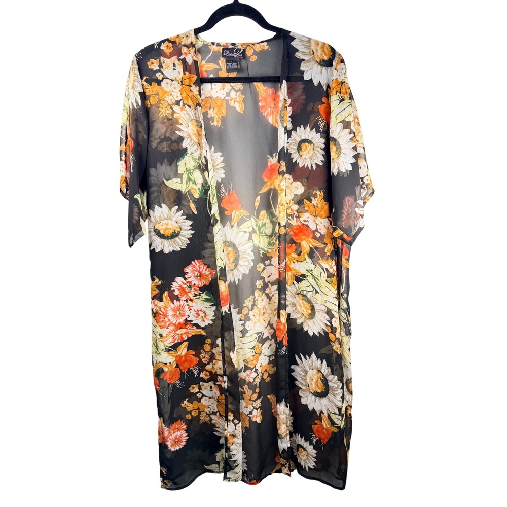 Questions by Say What Floral Black Orange Sunflower Boho Duster Kimono Large